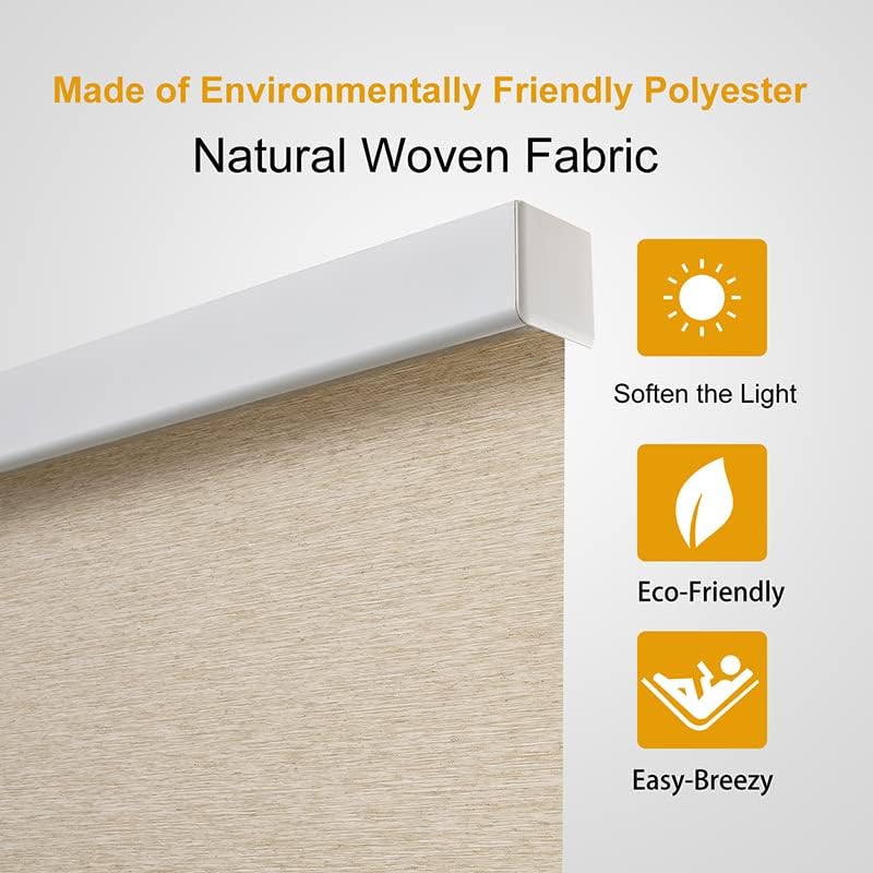 Persilux Free-Stop Cordless Roller Window Blinds Light Filtering Roller Shades for Windows (Khaki 24 W x 72 H) Natural Woven Fabric UV Protection Thermal Insulation Roller Blinds for Windows, Home